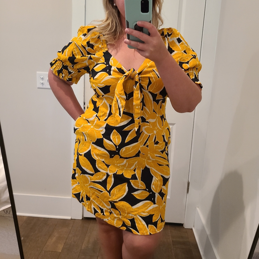 Who What Wear Yellow Tropical Floral Puff Sleeve Mini Dress